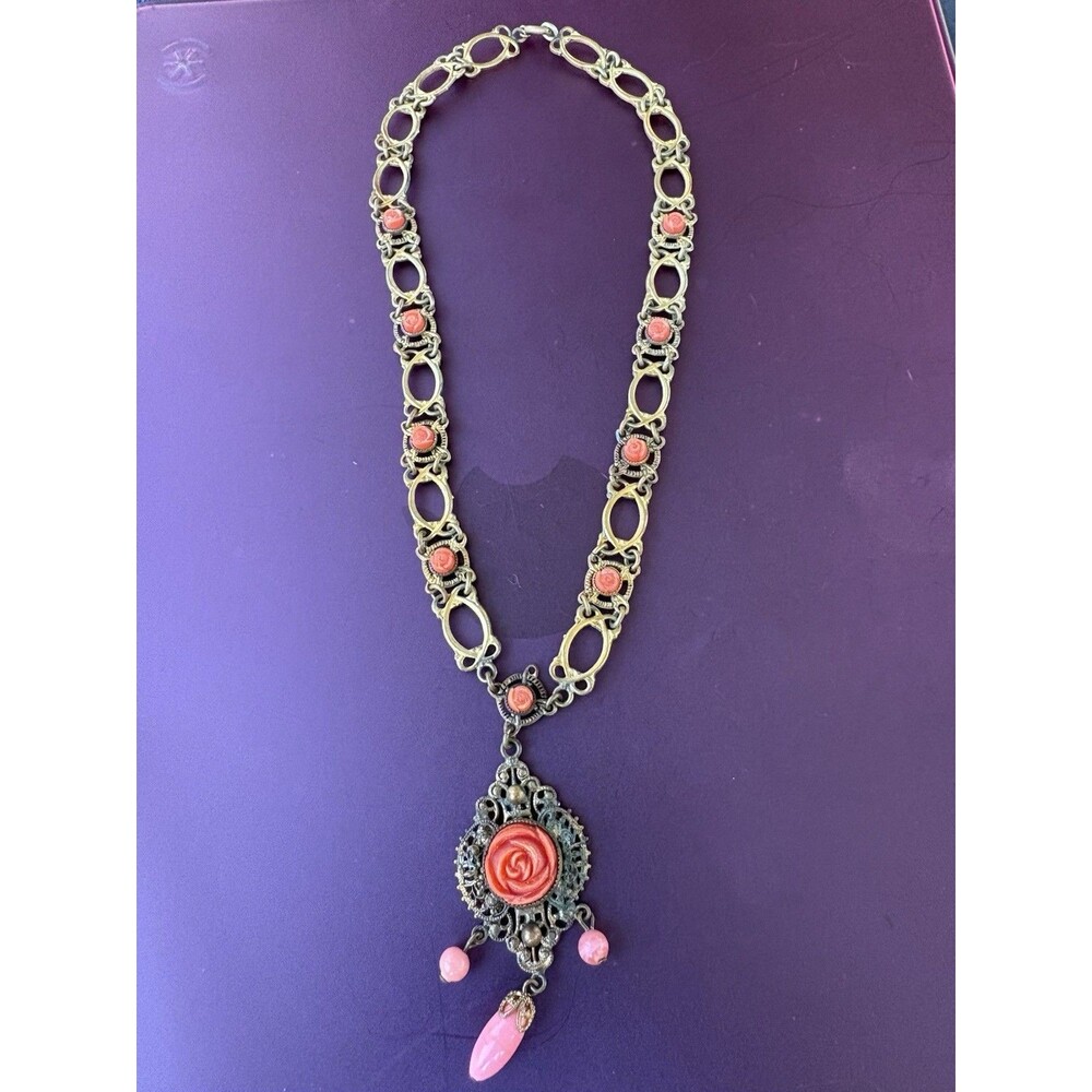 Vintage Art Deco Necklace . Carved Coral Celluloid Roses Flowers Costume Jewelry